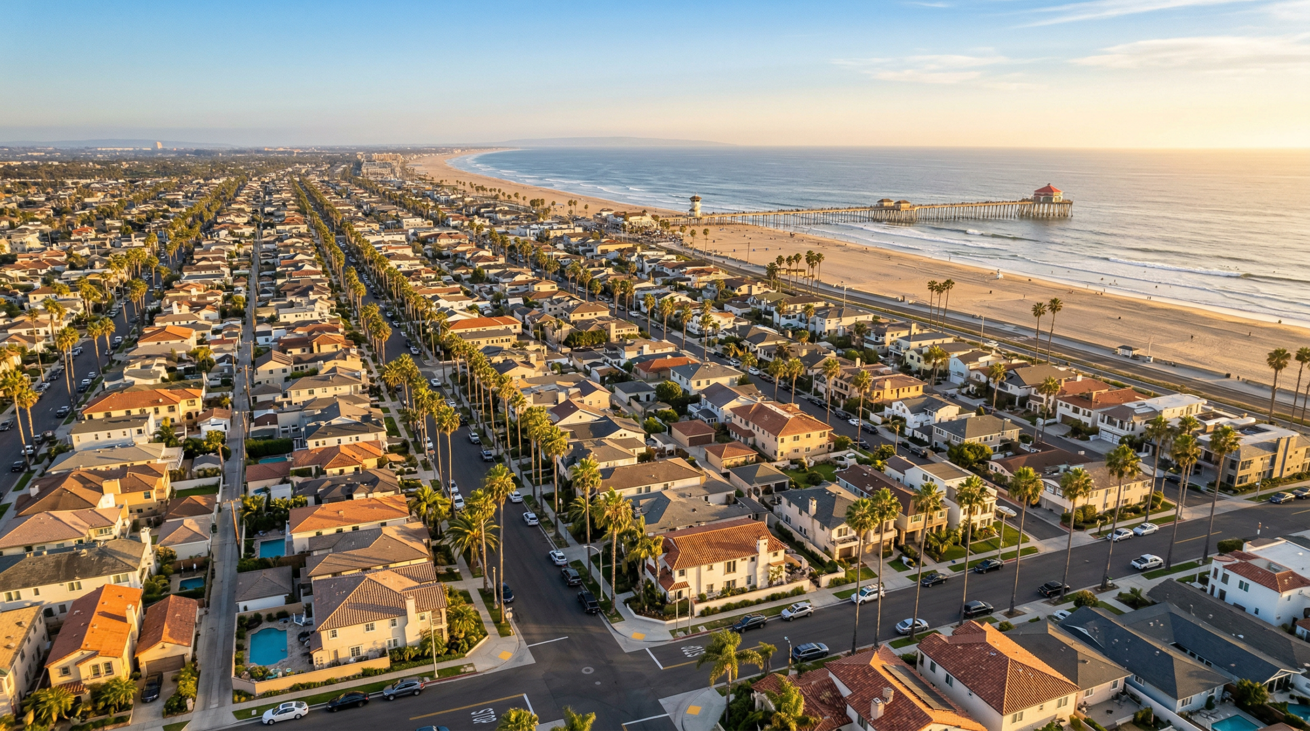 Huntington Beach Mello-Roos free neighborhoods aerial view showing coastal homes, palm-lined streets, and the Pacific Ocean pier at golden hour