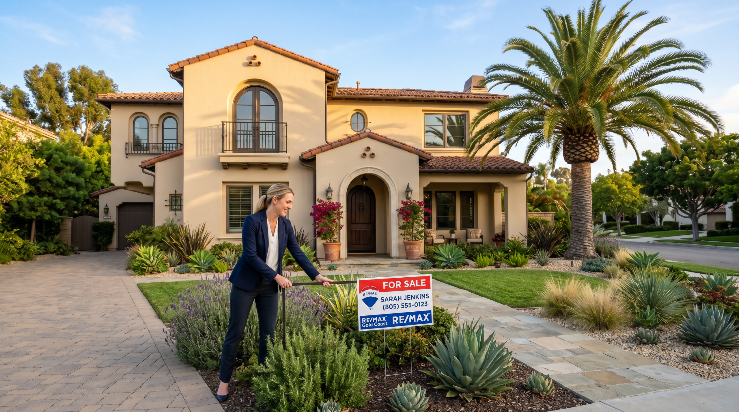 Selling a home in Huntington Beach real estate agent placing for sale sign in front of staged Mediterranean home