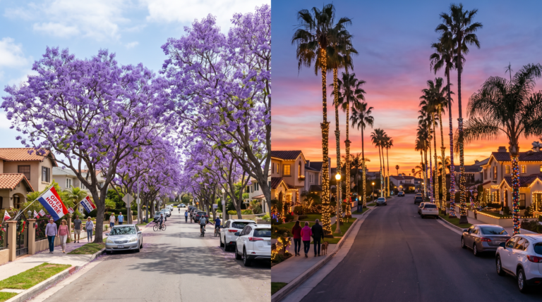Best time to sell in Huntington Beach seasonal split showing spring jacaranda blooms and winter holiday lights on coastal street