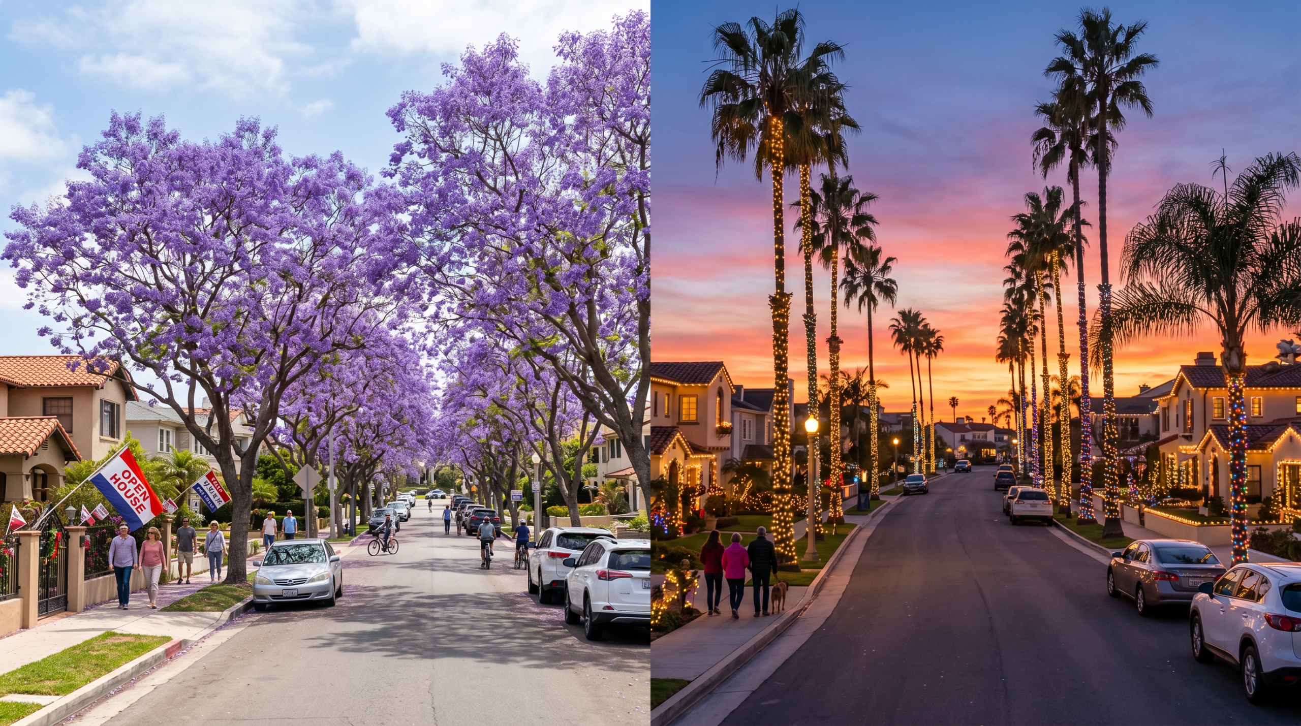 Best time to sell in Huntington Beach seasonal split showing spring jacaranda blooms and winter holiday lights on coastal street