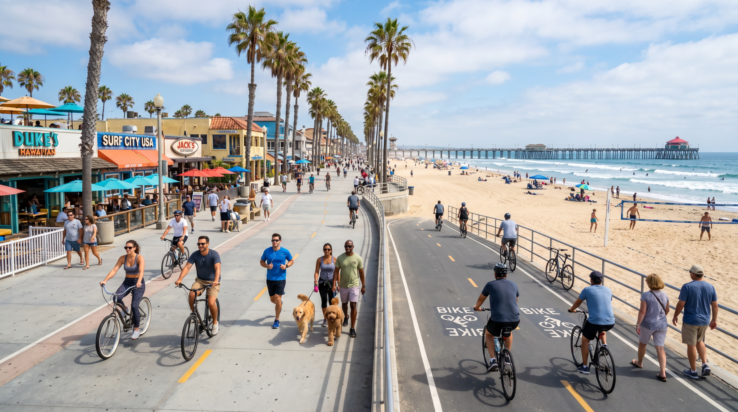 Living in Huntington Beach vibrant boardwalk scene with cyclists joggers and beachgoers near the pier