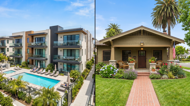 Condo vs house Huntington Beach split view showing modern luxury condo complex with pool and craftsman bungalow home