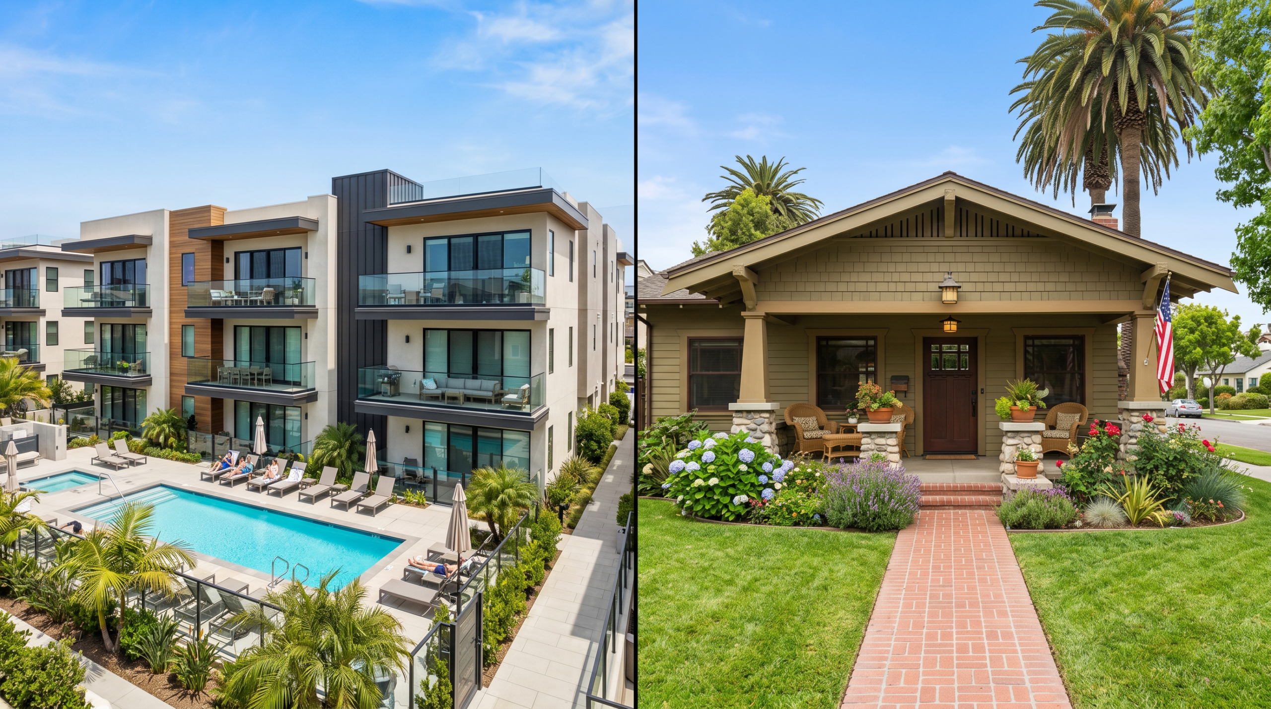Condo vs house Huntington Beach split view showing modern luxury condo complex with pool and craftsman bungalow home