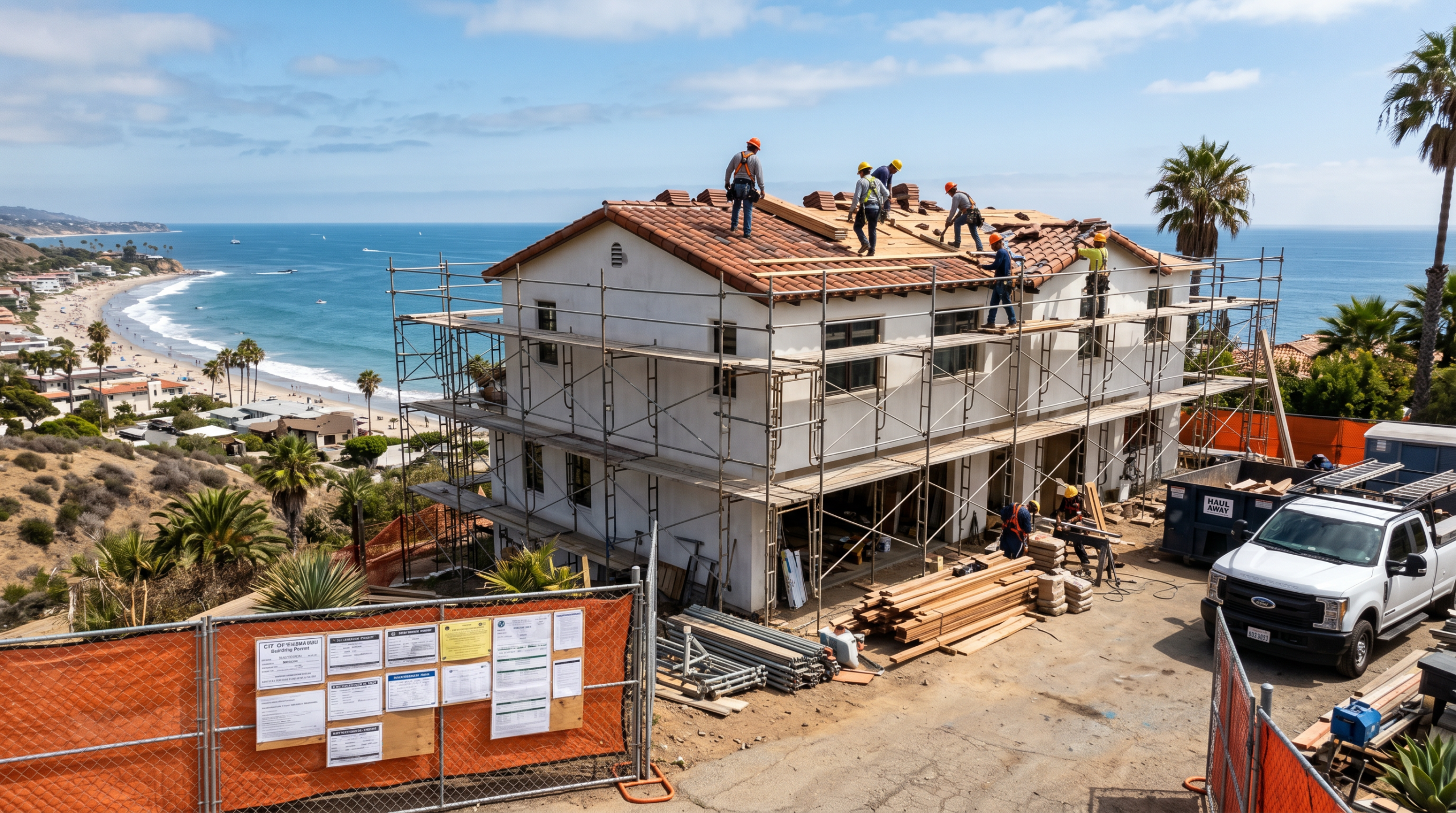 Huntington Beach coastal commission permit renovation construction on oceanfront home with scaffolding and ocean view