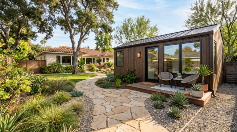 Huntington Beach ADU rules modern accessory dwelling unit in backyard of California ranch home with stone pathway