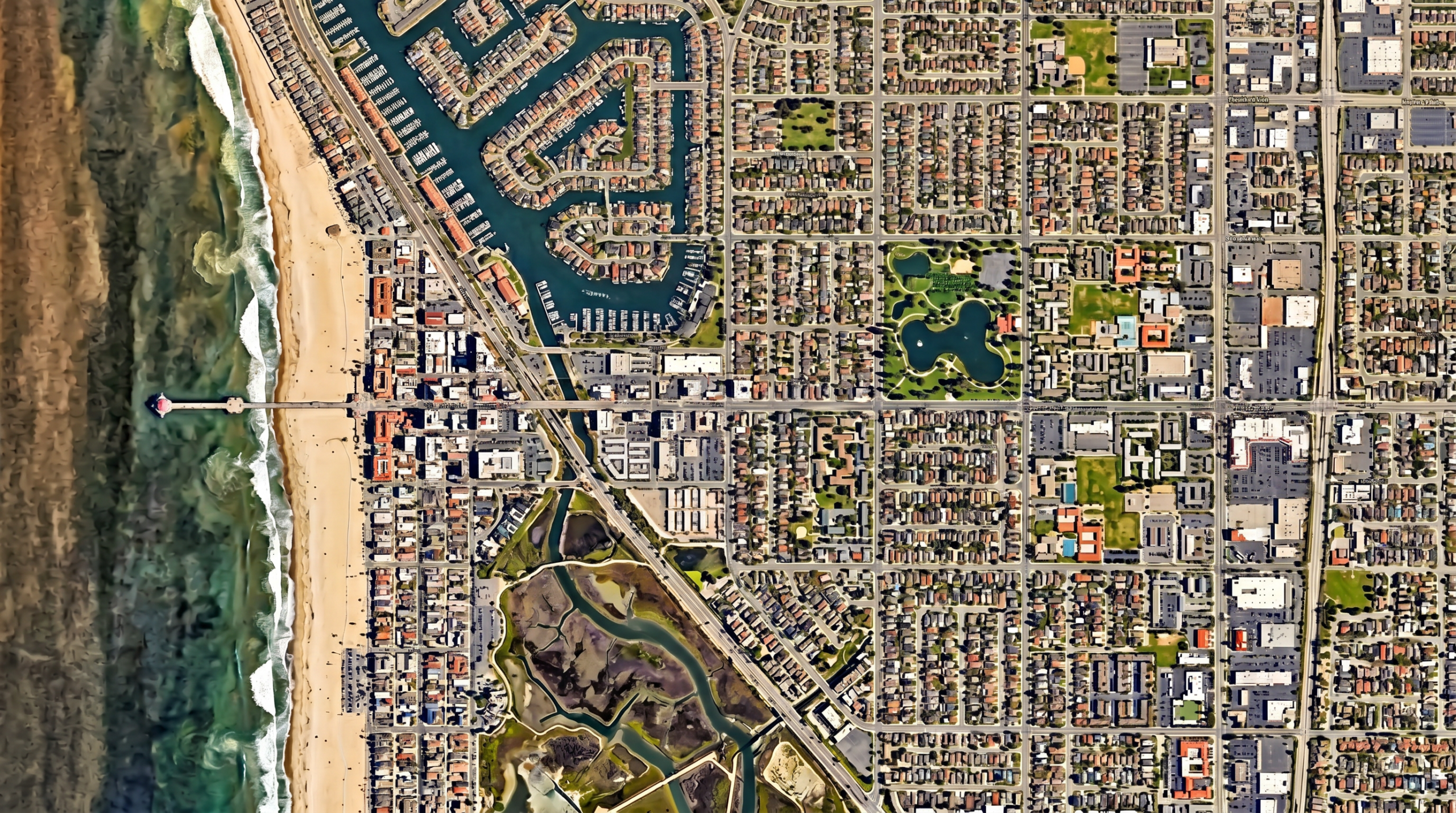 Huntington Beach zip codes high altitude aerial view showing distinct neighborhoods harbour pier wetlands and residential grid