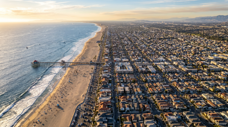 Why Huntington Beach homes expensive dramatic aerial showing miles of coastline meeting dense urban residential development