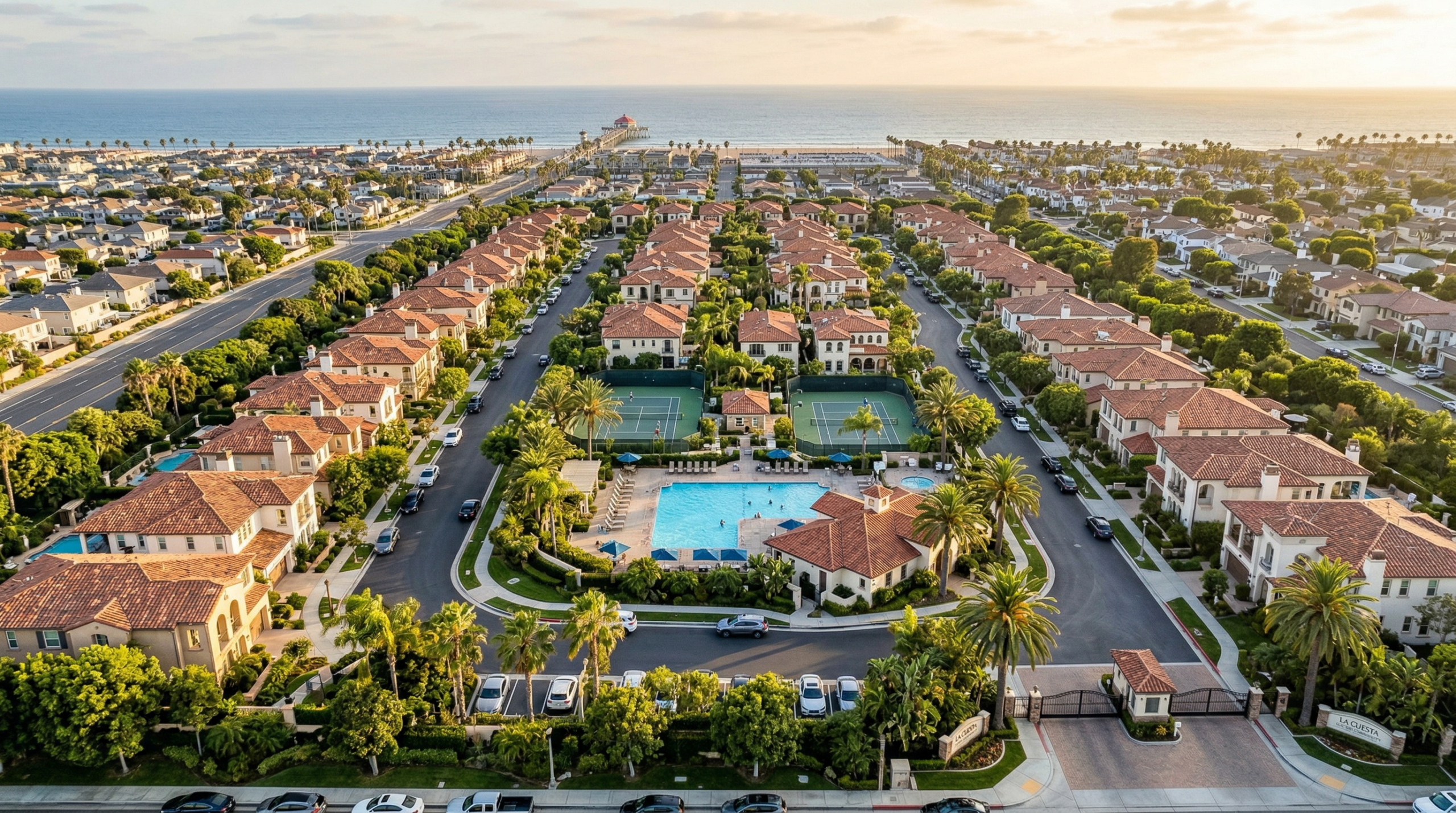 Huntington Beach HOA fees community aerial view showing gated neighborhood with pool, tennis courts, and Mediterranean homes