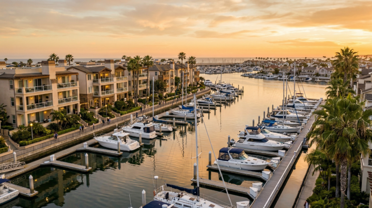 Huntington Beach land lease condominiums along harbor marina channel at golden hour