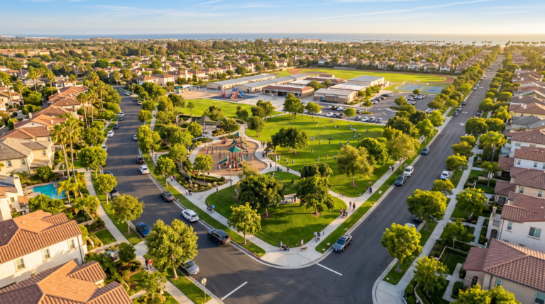 Huntington Beach school districts neighborhood aerial showing residential streets near schools and parks