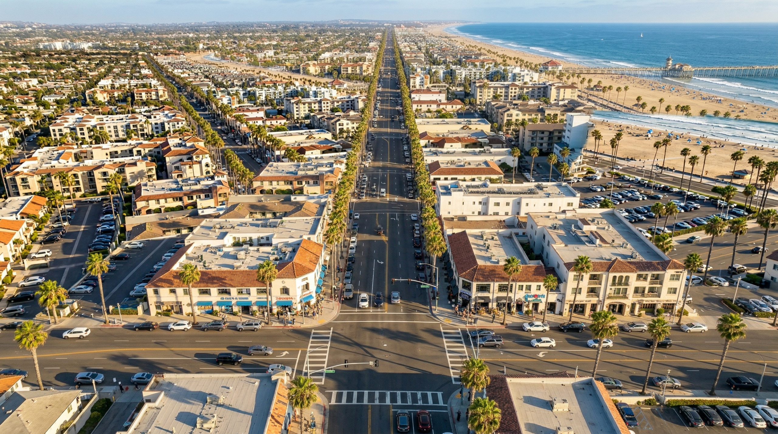 Huntington Beach housing market aerial view of downtown Main Street and Pacific Coast Highway with ocean in background