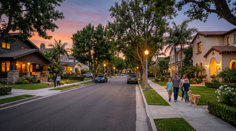 Huntington Beach safe neighborhoods evening streetscape with families walking and warm porch lights