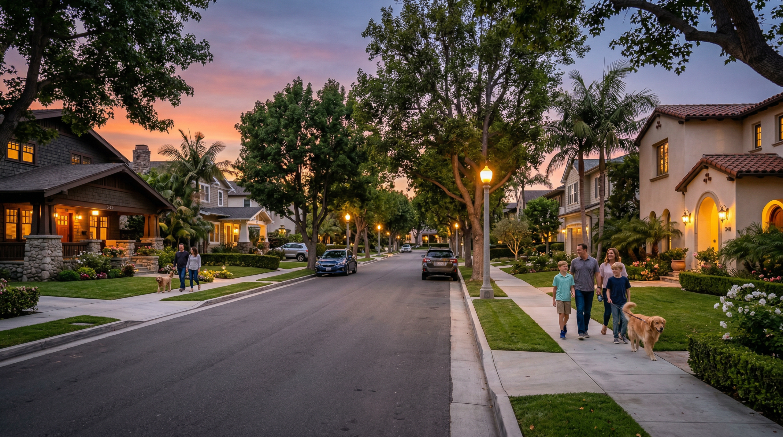 Huntington Beach safe neighborhoods evening streetscape with families walking and warm porch lights