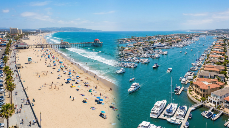 Huntington Beach vs Newport Beach comparison showing surf beach on left and luxury harbor on right