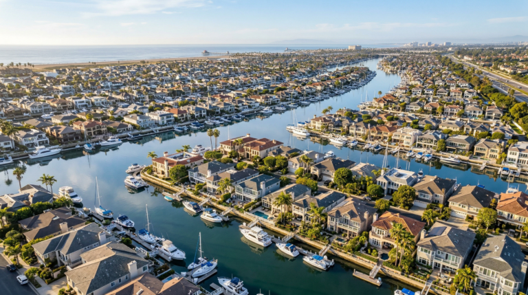 Huntington Beach flood zone aerial view of Huntington Harbour canals with waterfront homes and boats