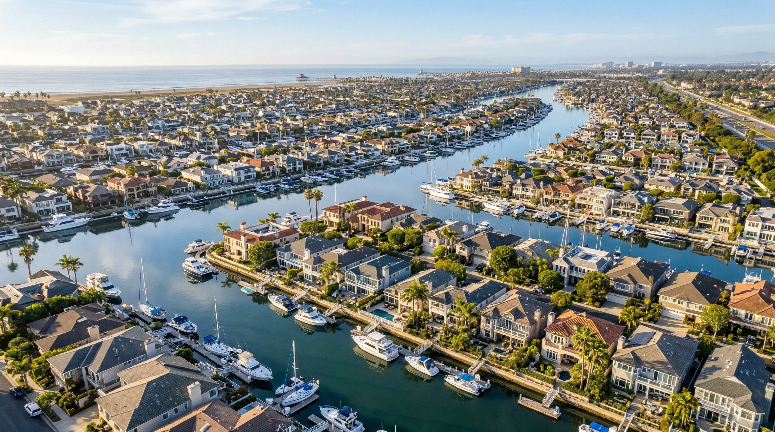 Huntington Beach flood zone aerial view of Huntington Harbour canals with waterfront homes and boats