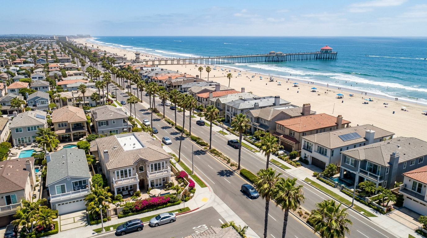 beach close Huntington Beach homes aerial pier view