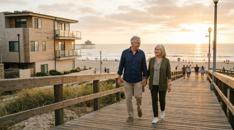 empty nester Huntington Beach couple walking on boardwalk