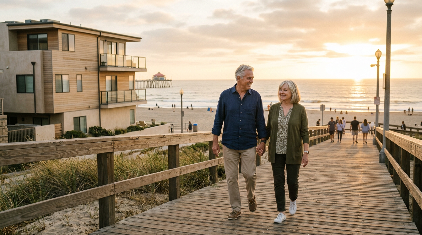empty nester Huntington Beach couple walking on boardwalk