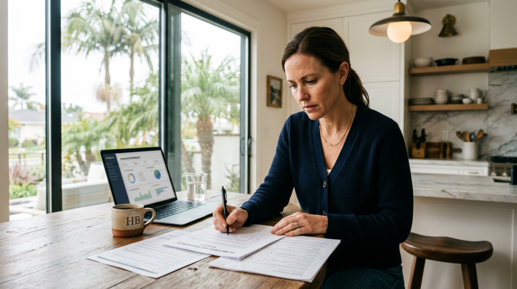 home insurance Huntington Beach policy review at kitchen counter