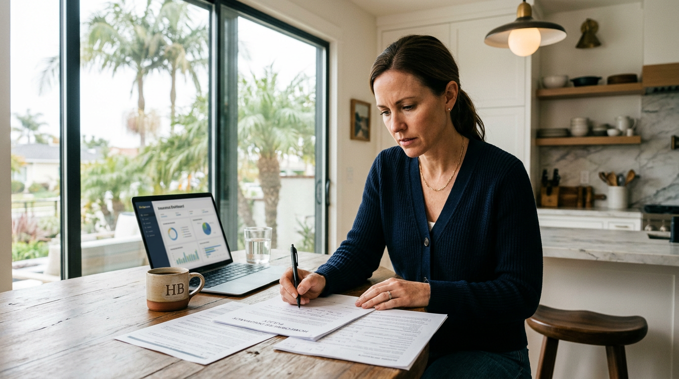 home insurance Huntington Beach policy review at kitchen counter