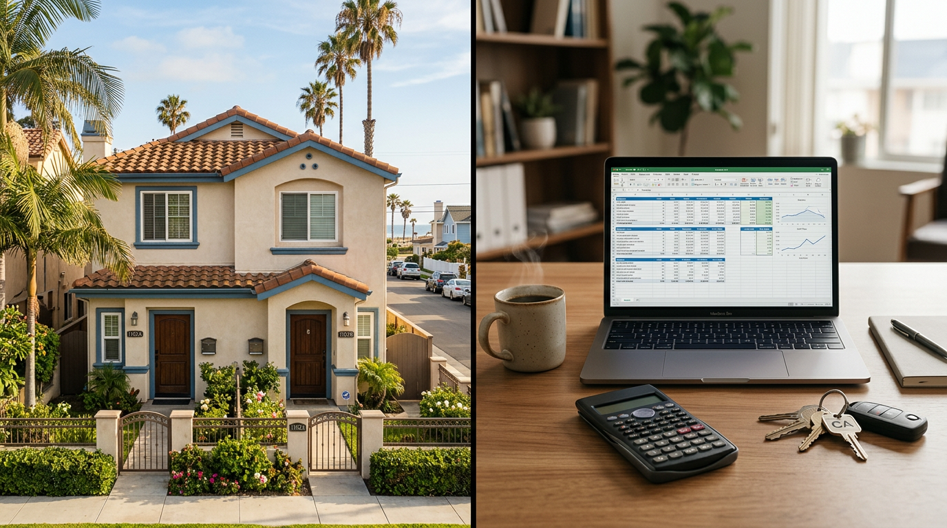 investment property Huntington Beach duplex with financial spreadsheet